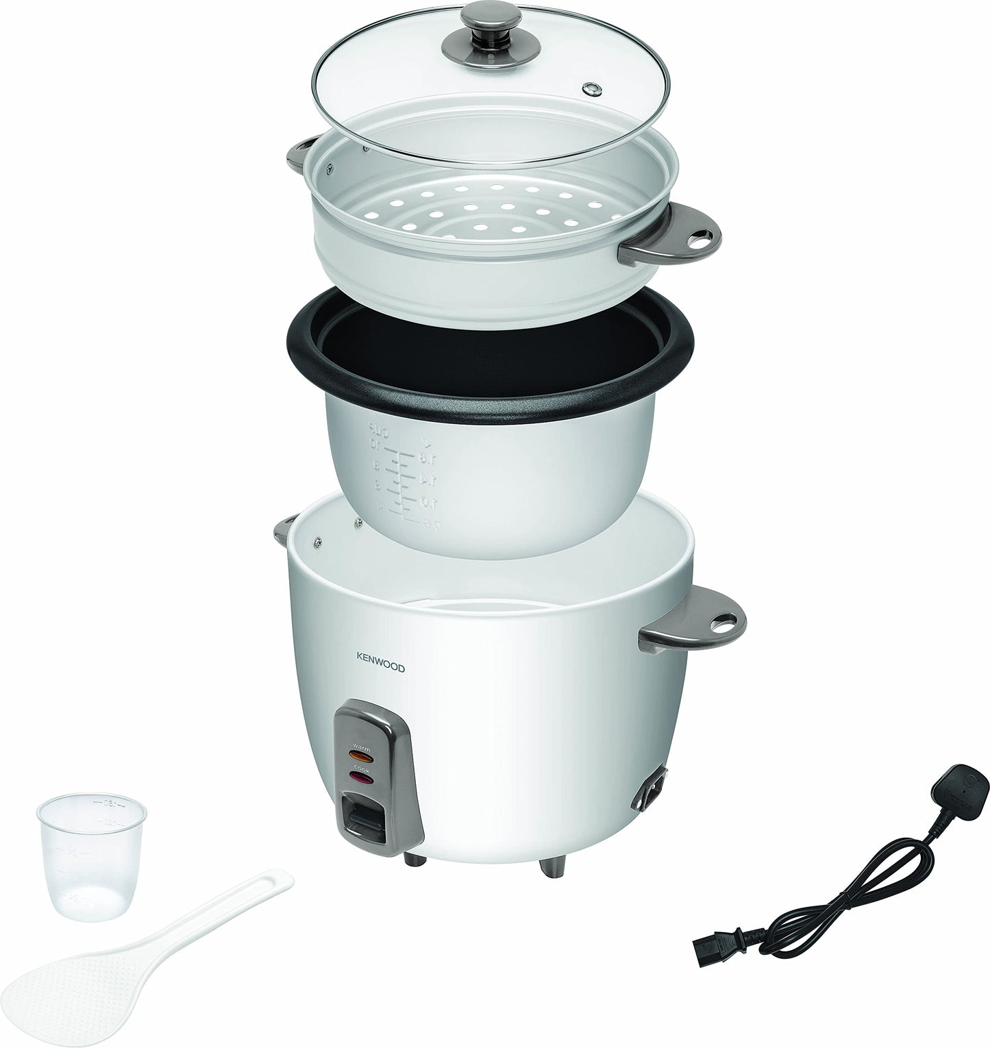KENWOOD 2-in-1 Rice Cooker 1.8L 10-Cups Rice with Food Steamer Basket, Non-Stick Cooking Pot, Temepered Glass Lid, Warm/Cook Lights, Spatula Holder, Detachable Cord RCM44.000RD Red