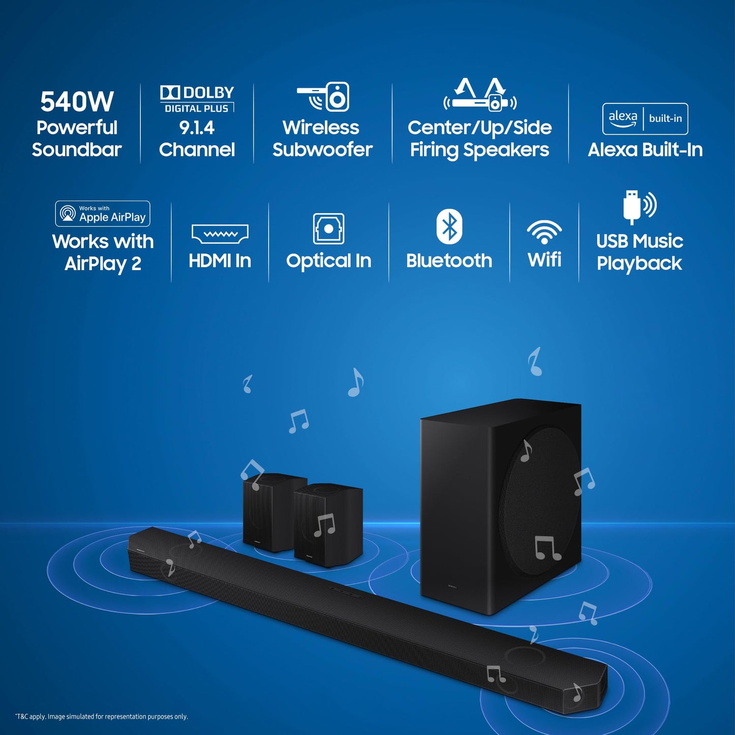 Samsung Q-Symphony soundbar (HW-Q700B) with 3 Channels, 1 subwoofer Channel, and 2 up-Firing Channels, Dolby True HD with Google & Alexa Smart Speaker (Black)