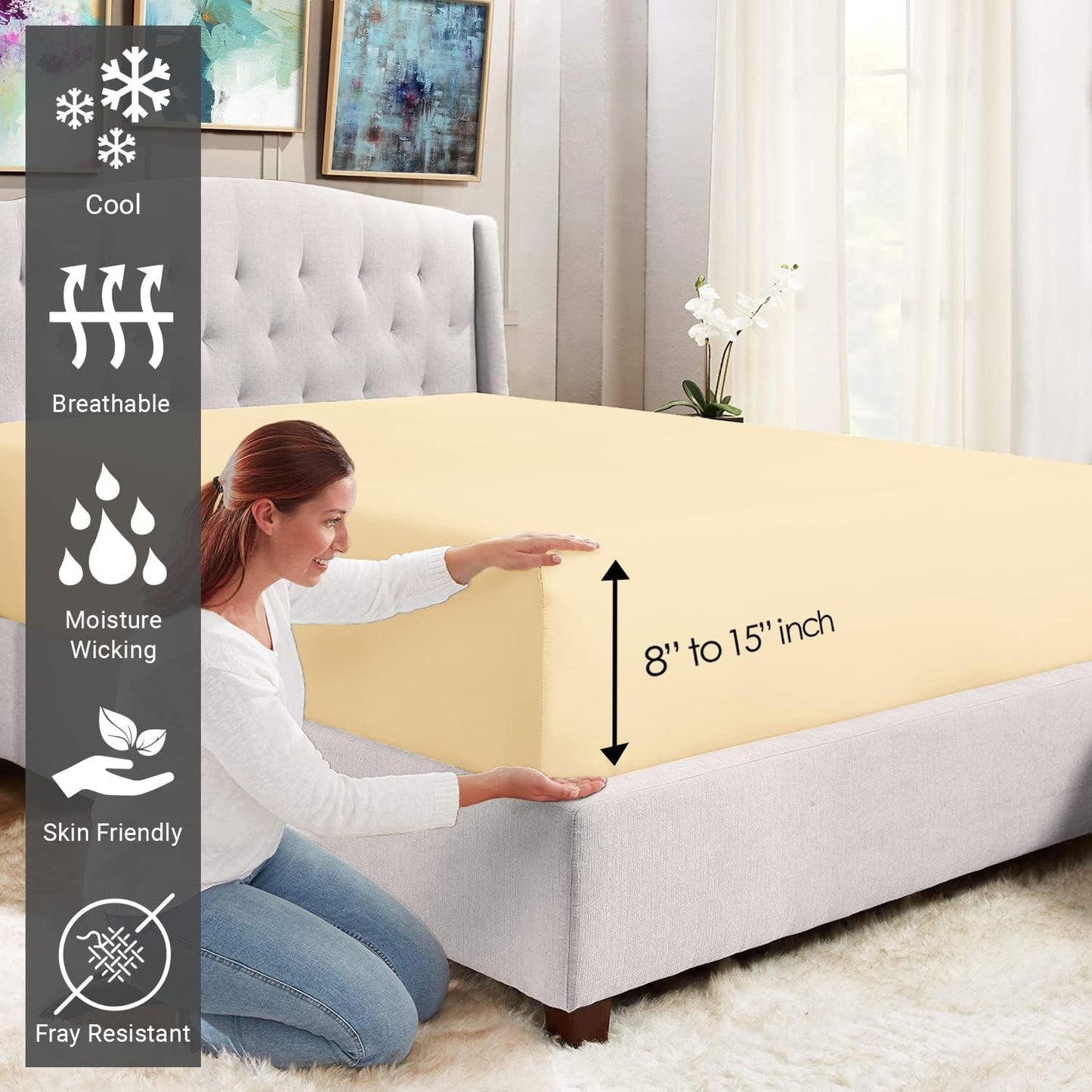 Pizuna Cotton Twin Fitted Sheet Cream, 400 Thread Count 100% Long Staple Combed Cotton Sateen Weave 15 inch Deep Pocket Twin Sheets (Cream Twin Size Fitted Sheet -1PC)