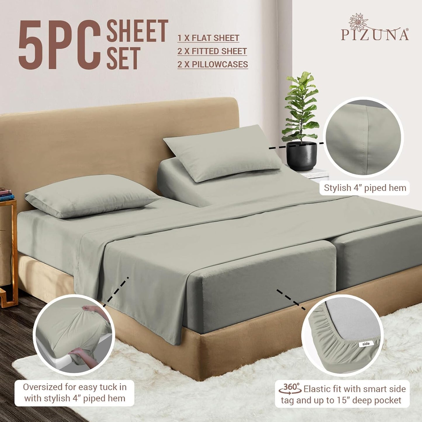 Pizuna Pure 100% Cotton Split King Sheet Set Silver, Luxurious 400 Thread Count Long Staple Cotton Sateen Split King Sheets Sets For Adjustable Bed with 15" Deep Pocket - 5 PC