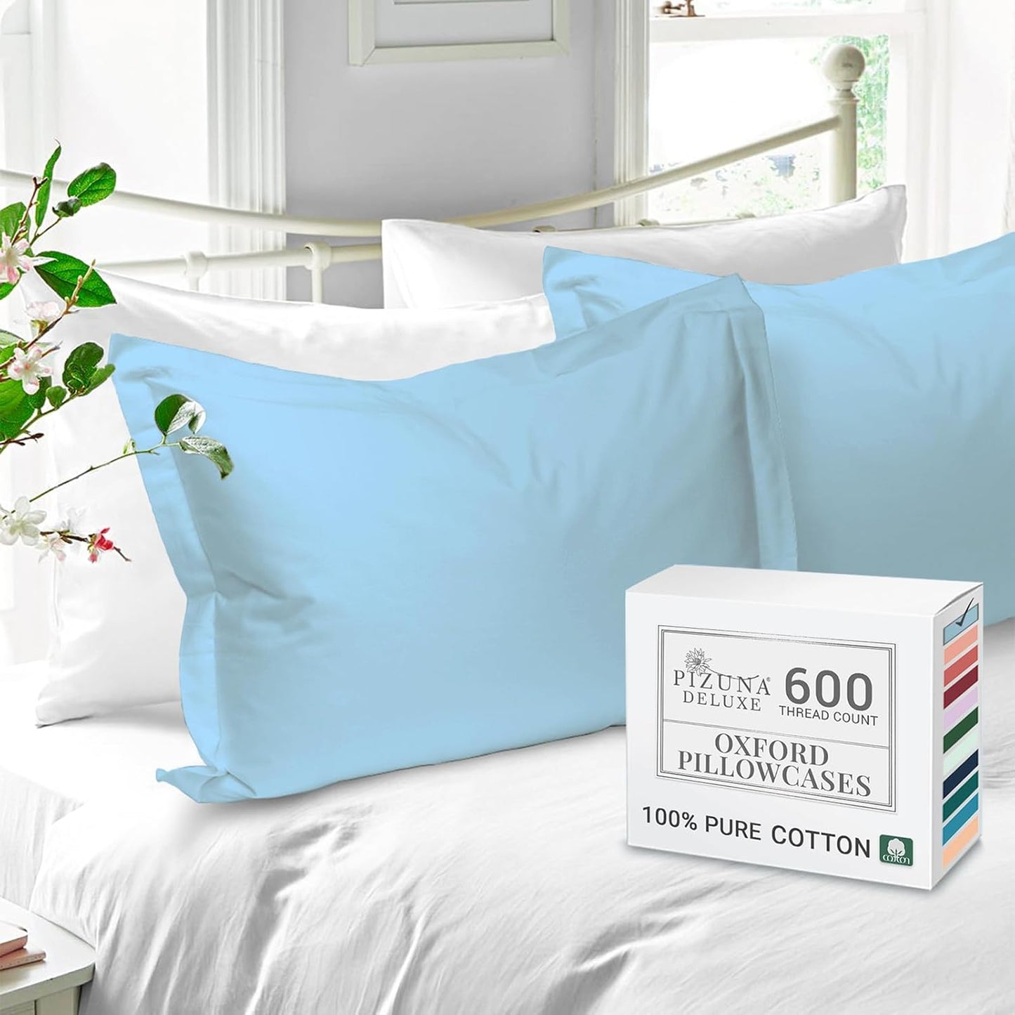 Pizuna Soft 100% Long Staple Cotton Breathable Cool Satin King Pillowcase Set of 2, Ivory, 18" x 18"