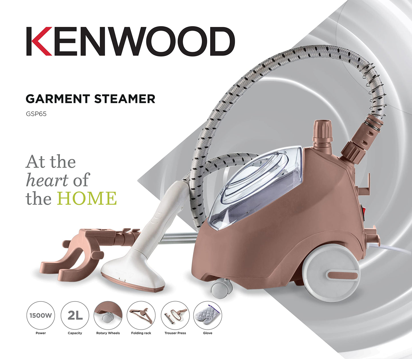 KENWOOD Garment Steamer 1500W with 2L Water Tank Capacity, Rotary Wheels, Folding Rack, Trouser Press, Glove GSP65.500BK Black