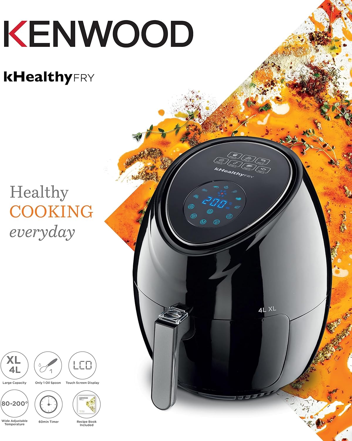 Kenwood Digital Air Fryer XL 3.8L 1.7Kg 1500W With Rapid Hot Air Circulation For Frying, Grilling, Broiling, Roasting, Baking And Toasting Hfp30.000Wh, White