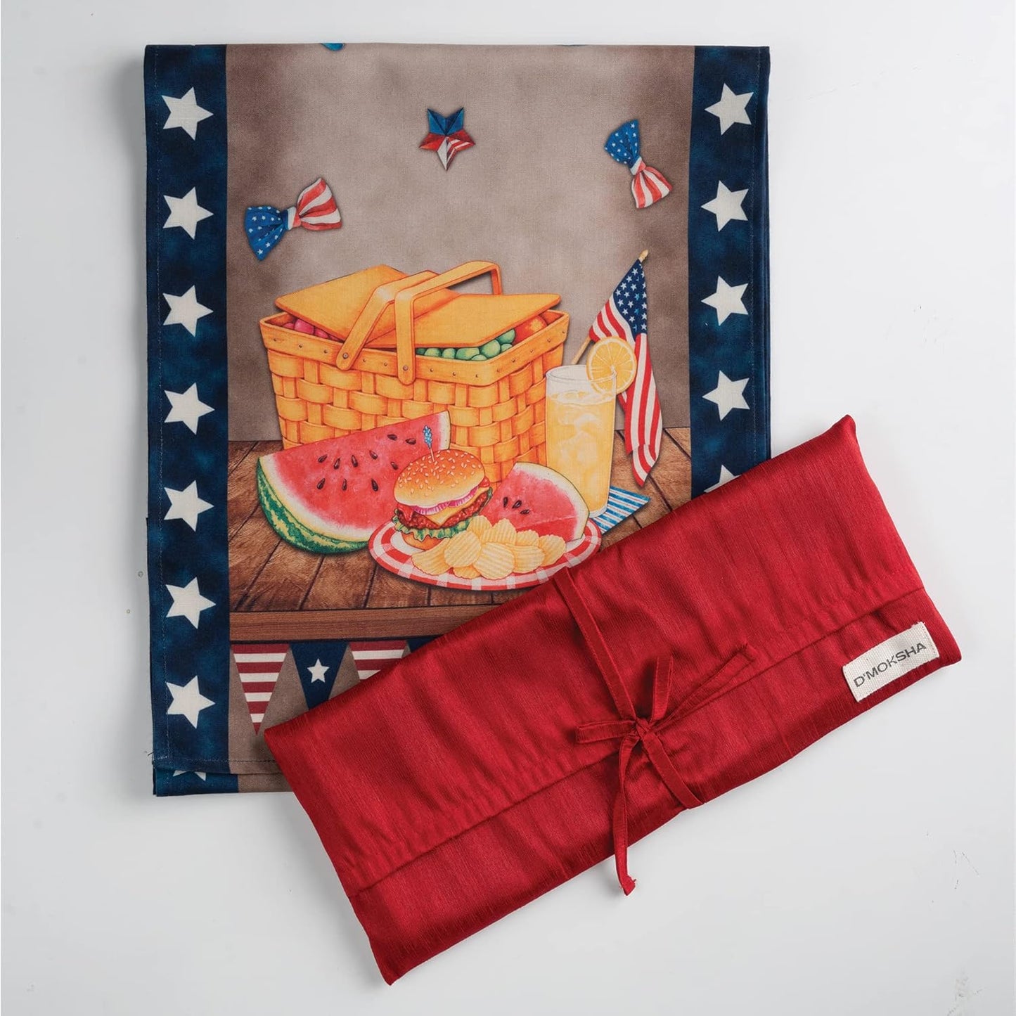 D'Moksha Homes 4th of July Table Runner 72 inches Long - Picnic Basket, Faux Linen, Fourth of July Table Runner 13 x 72 Inch, Memorial Day Decorations, Independence Day Table Runner for Home Party