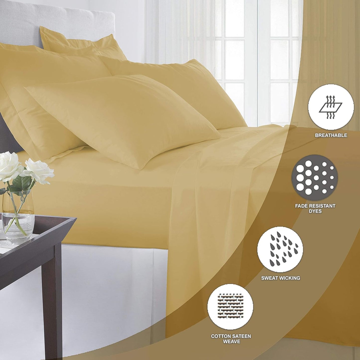Pizuna 800 Thread Count Cotton King Sheets Set Gold, 100% Long Staple Cotton Smooth Sateen Bed Sheets, Sheets fit Upto 15 inch Deep Pockets (Wheat King 100% Cotton Sheets Sets)