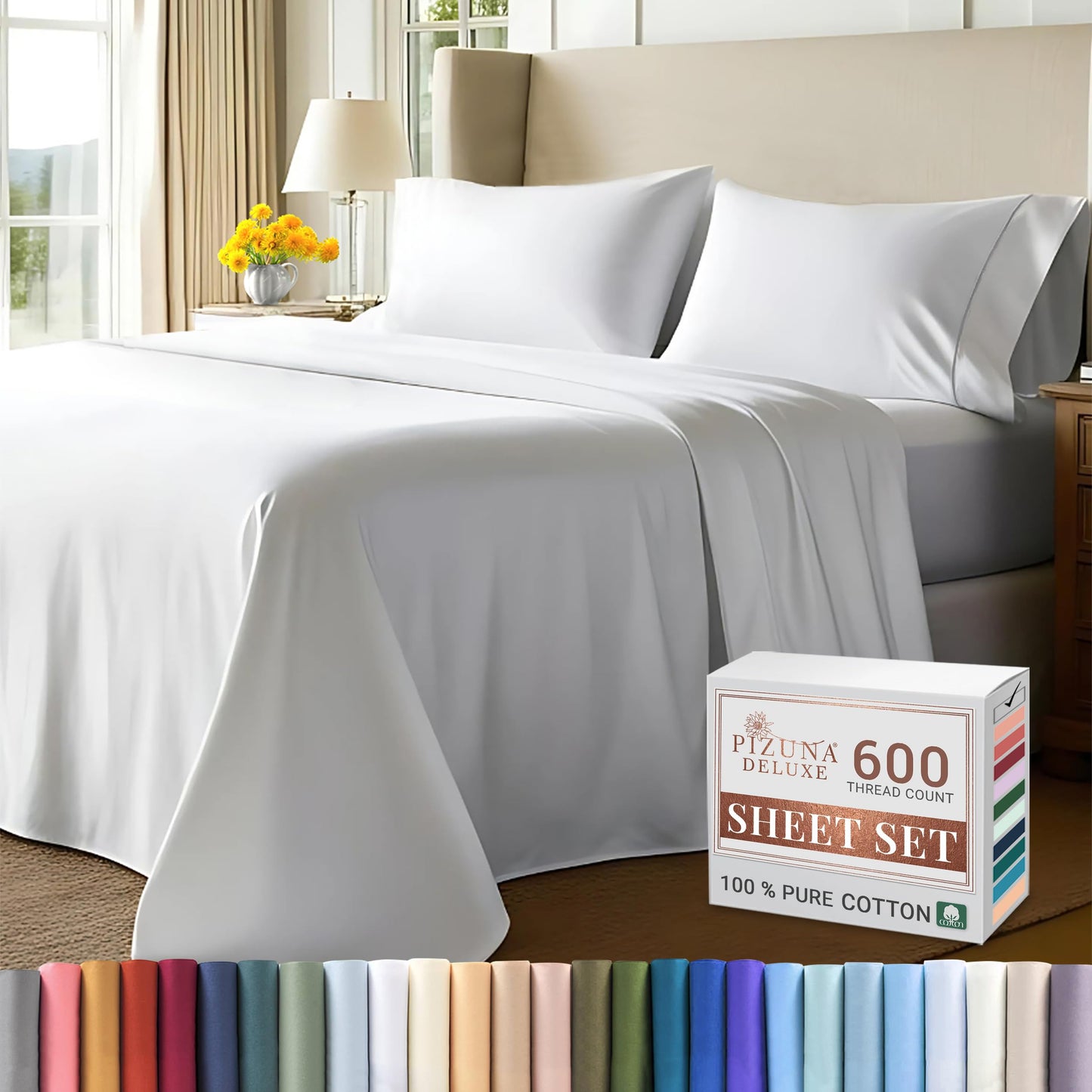 Pizuna 100% Cotton Sheet Set Twin Size Baby Blue, 600 Thread Count Long Staple Cotton Sateen Weave Crisp Sheet & Pillowcase Set, Deep Pocket Sheets Fits 15" (Combed Cotton Bed Sheet Set -3PC)