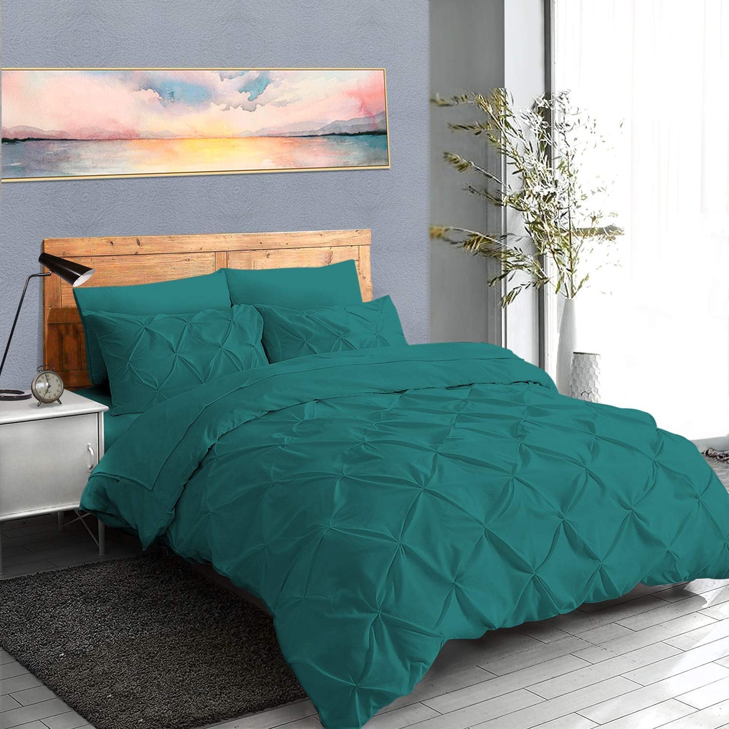 Soft Reliable Luxurious 3Pcs Pinch Pleated Duvet Cover Set Zipper Closer with Corner Ties Super King (116" x 98") Size, 100% Egyptian Cotton 800TC Stain Resistant Teal Solid