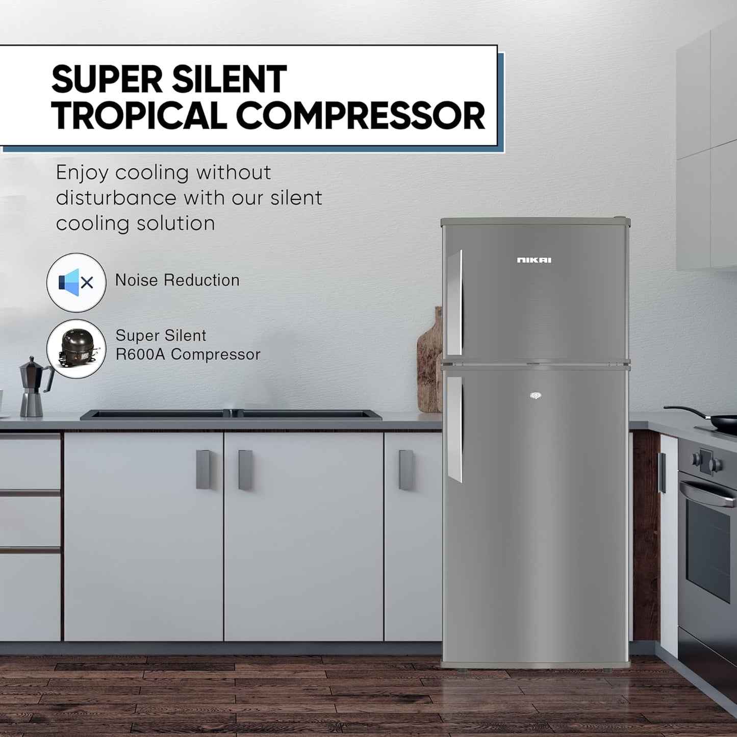 Nikai 170L Gross/112L Net, Double Door Refrigerator with Vegetable Crisper & Adjustable Glass Shelves, Defrosting & Temperature Control, Ideal for Kitchen, Bedroom, Office & Hotels - NRF170DN3M Silver