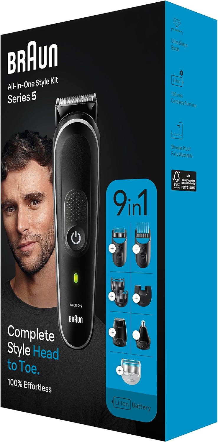 Braun MGK5245 7 in 1 Hair Clipper, Beard and Face Trimmer, Black/Blue