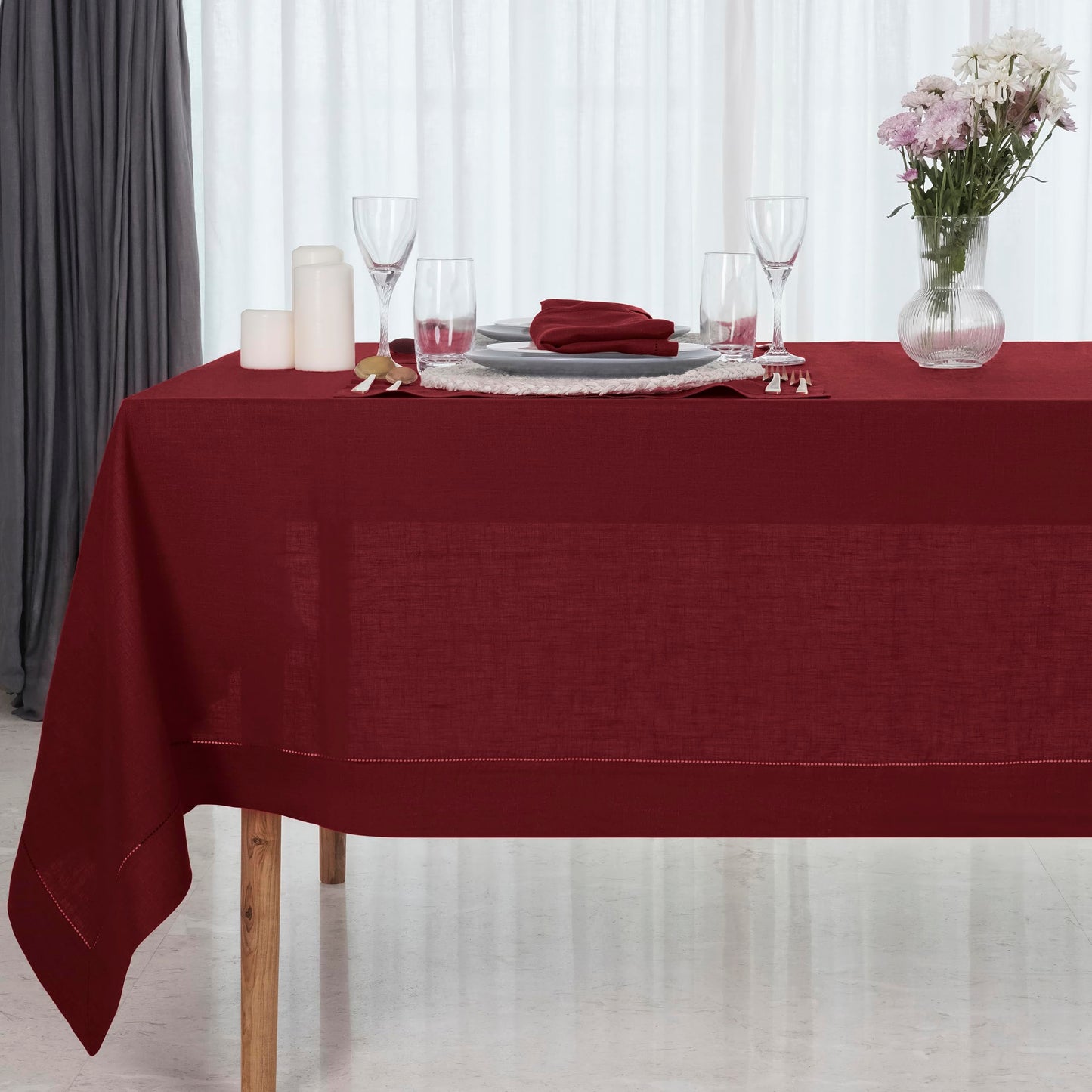 D'Moksha Homes Linen Tablecloth 60 x 144 Inch - 100% Pure Linen Classic Hemstitch Light Natural Tablecloth - Machine Washable Dining Tablecloth for Rectangle Tables for Easter