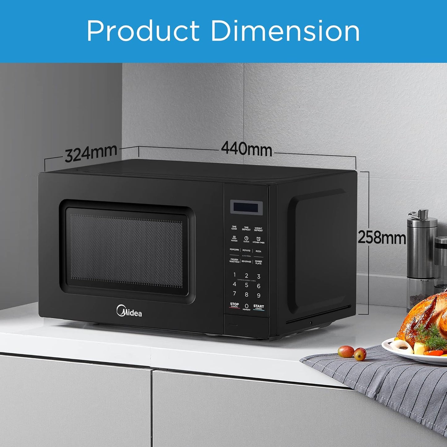 Midea 20L Solo Microwave Oven with Digital Touch Control, 700W, Child Lock, Memory Function, Defrost-by-weight-or-time, Fast Reheat, Push Button Door Opening, Best for Home & Office, Black, EM721BK