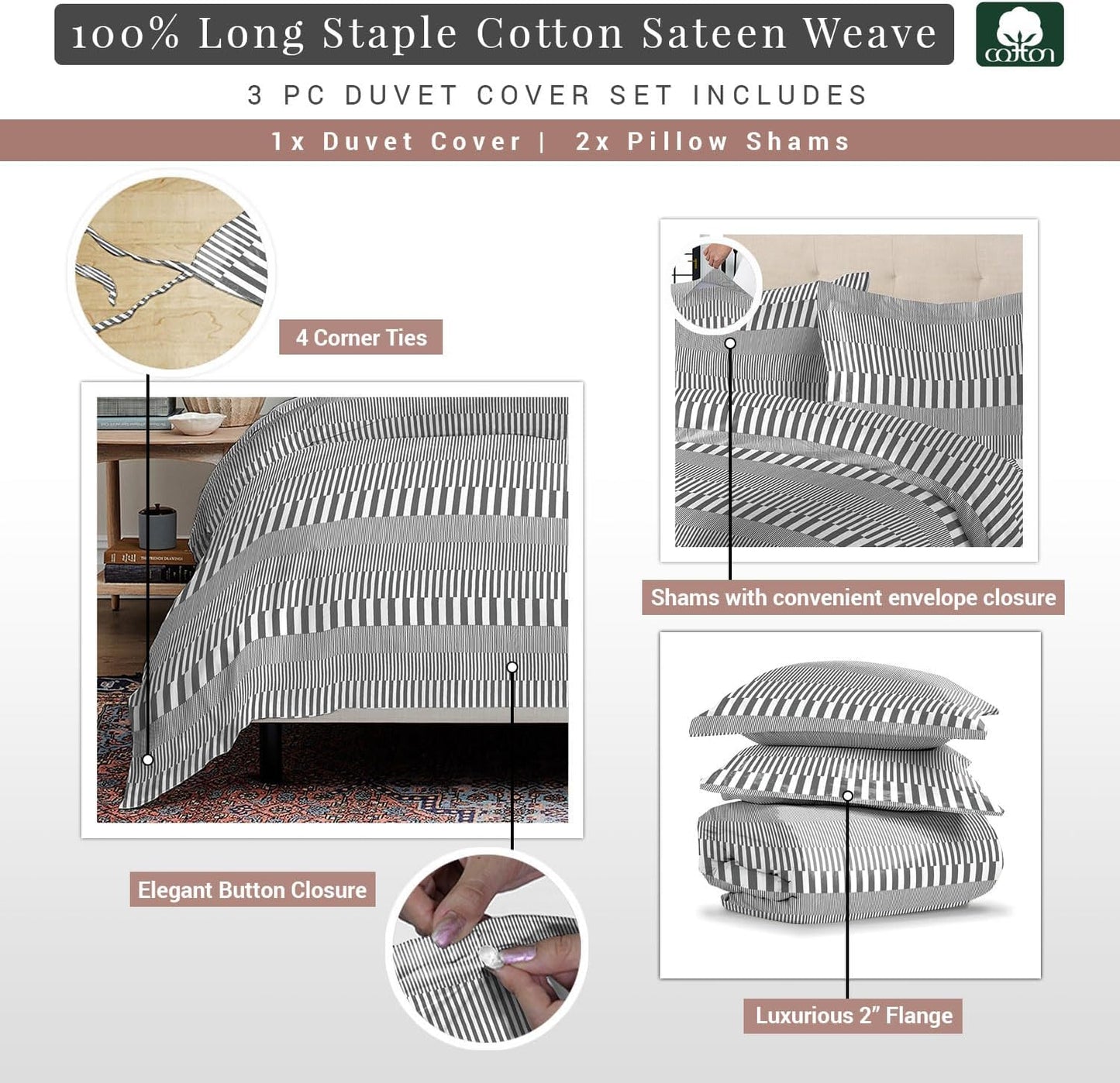 Pizuna Pure 100% Cotton Full Duvet Cover Set, Luxurious 400 Thread Count Long Staple Cotton Sateen Weave with Button Closure (Combed Grey Cascade Stripe Cotton Duvet Cover Full)