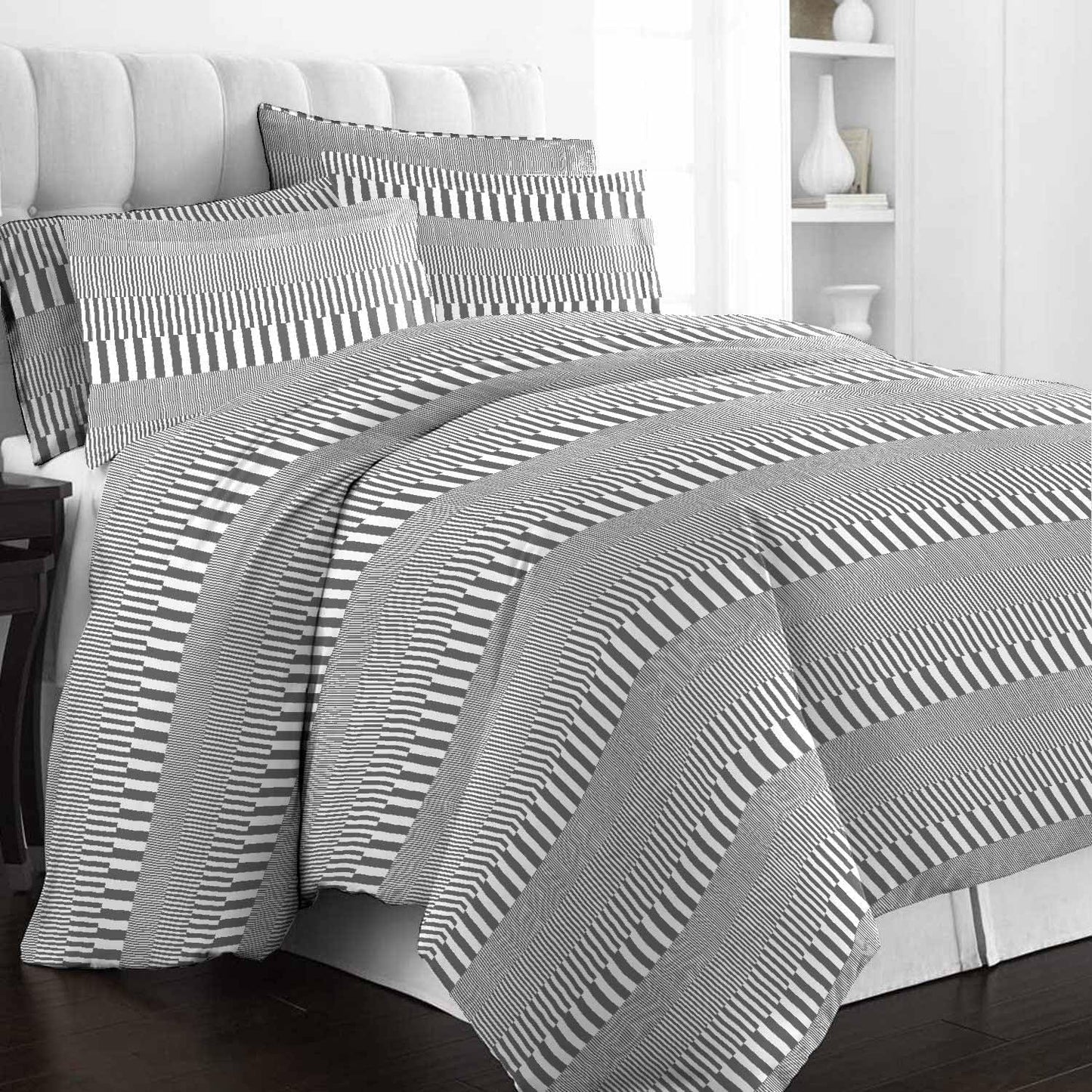 Pizuna Pure 100% Cotton Full Duvet Cover Set, Luxurious 400 Thread Count Long Staple Cotton Sateen Weave with Button Closure (Combed Grey Cascade Stripe Cotton Duvet Cover Full)