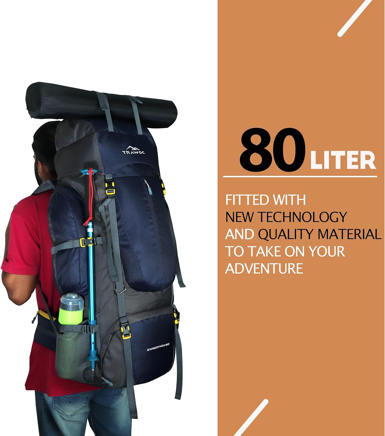 TRAWOC 80L Travel Backpack Camping Hiking Rucksack Trekking Bag with Water Proof Rain Cover/Shoe Compartment, BHK001