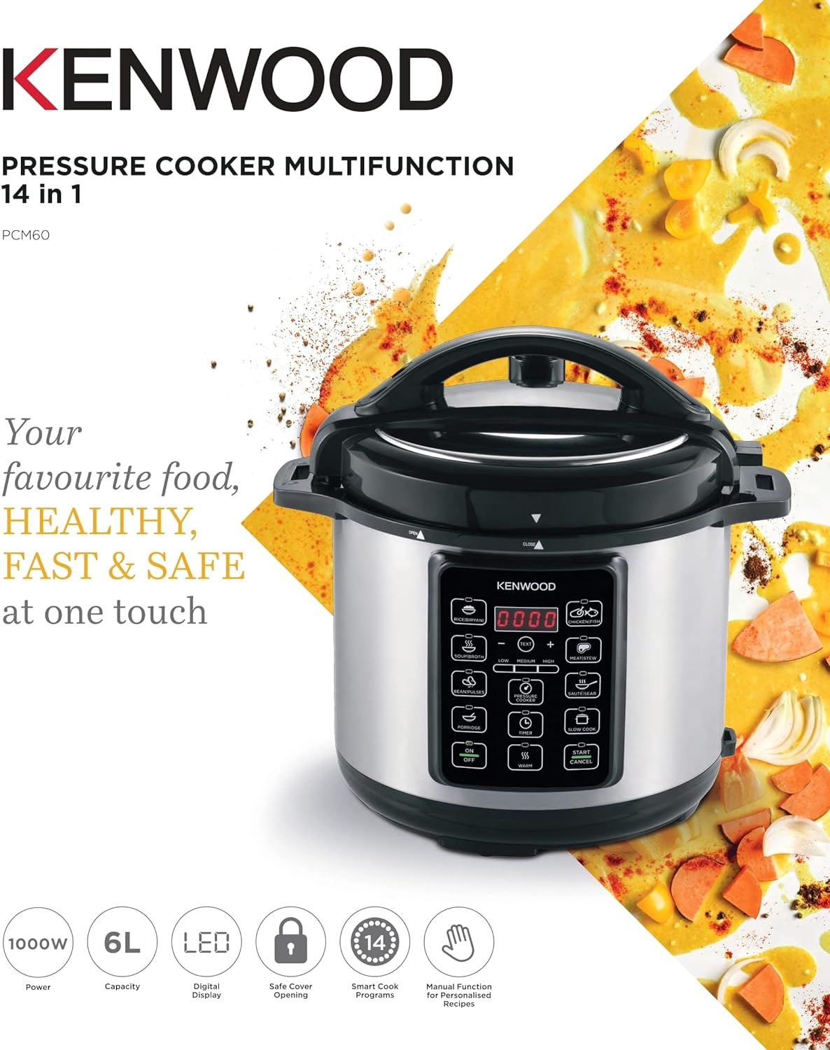 Kenwood 16 In 1 Electric Pressure Cooker 8L 1000W Multifunctional Programmable Multicooker With Safety Feature, Smart Cook Programs, Pcm80 Silver/Black, Pcm80.000Ss
