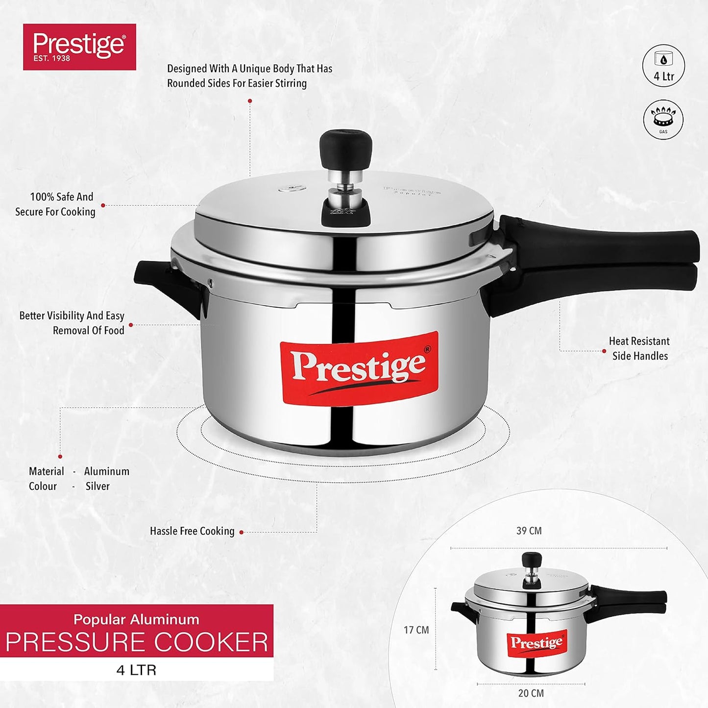Prestige Popular Pressure Cooker | Aluminium Cooker with Lid 5 Ltr| Silver
