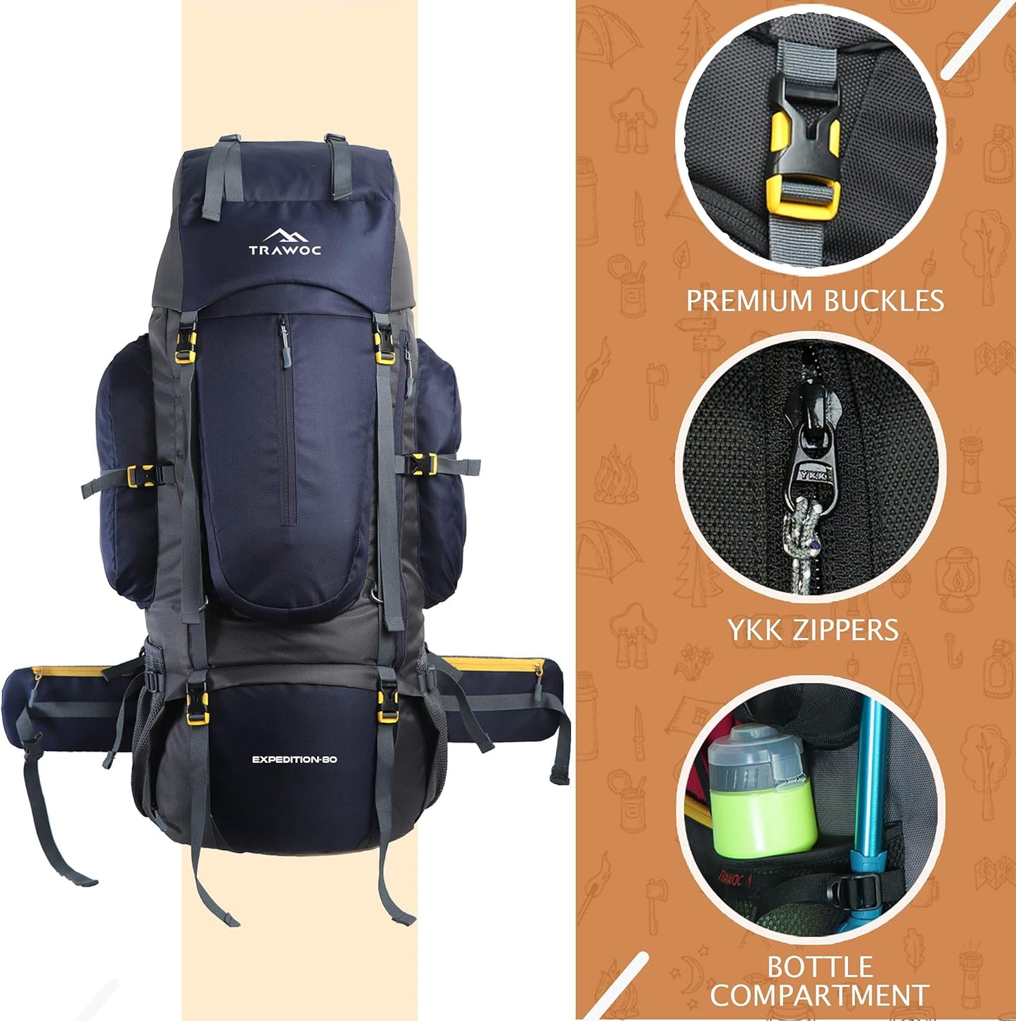 TRAWOC 80L Travel Backpack Camping Hiking Rucksack Trekking Bag with Water Proof Rain Cover/Shoe Compartment, BHK001