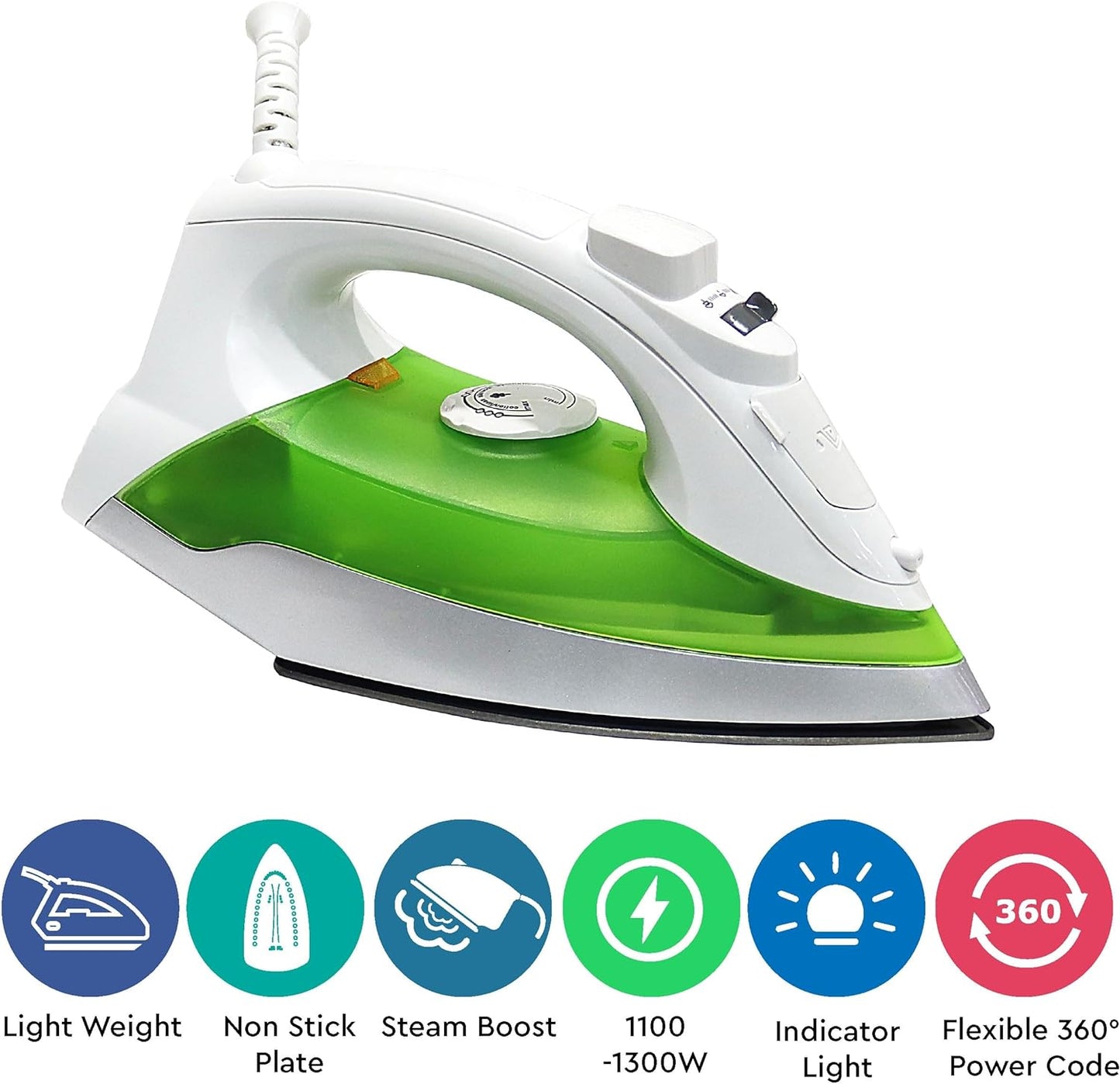Nobel Variable & Vertical Steam Iron with Cord Length 2mtr, Cloth Seeve Cord, Non Stick Soleplate and Ergonomic Handle Design NSI246 Green With 1 Year Warranty