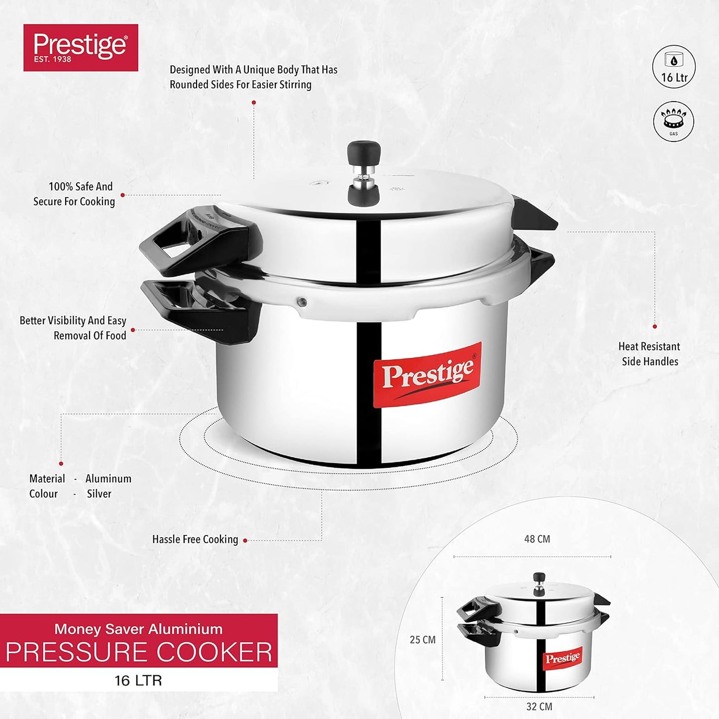 Prestige Popular Pressure Cooker | Aluminium Cooker with Lid 5 Ltr| Silver