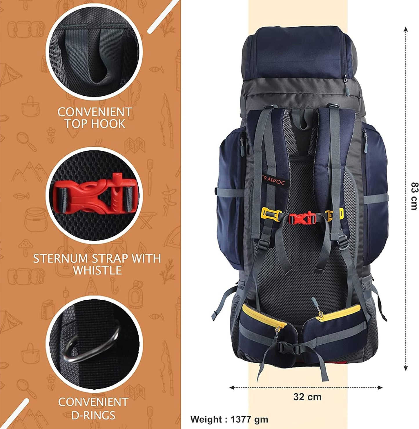 TRAWOC 80L Travel Backpack Camping Hiking Rucksack Trekking Bag with Water Proof Rain Cover/Shoe Compartment, BHK001