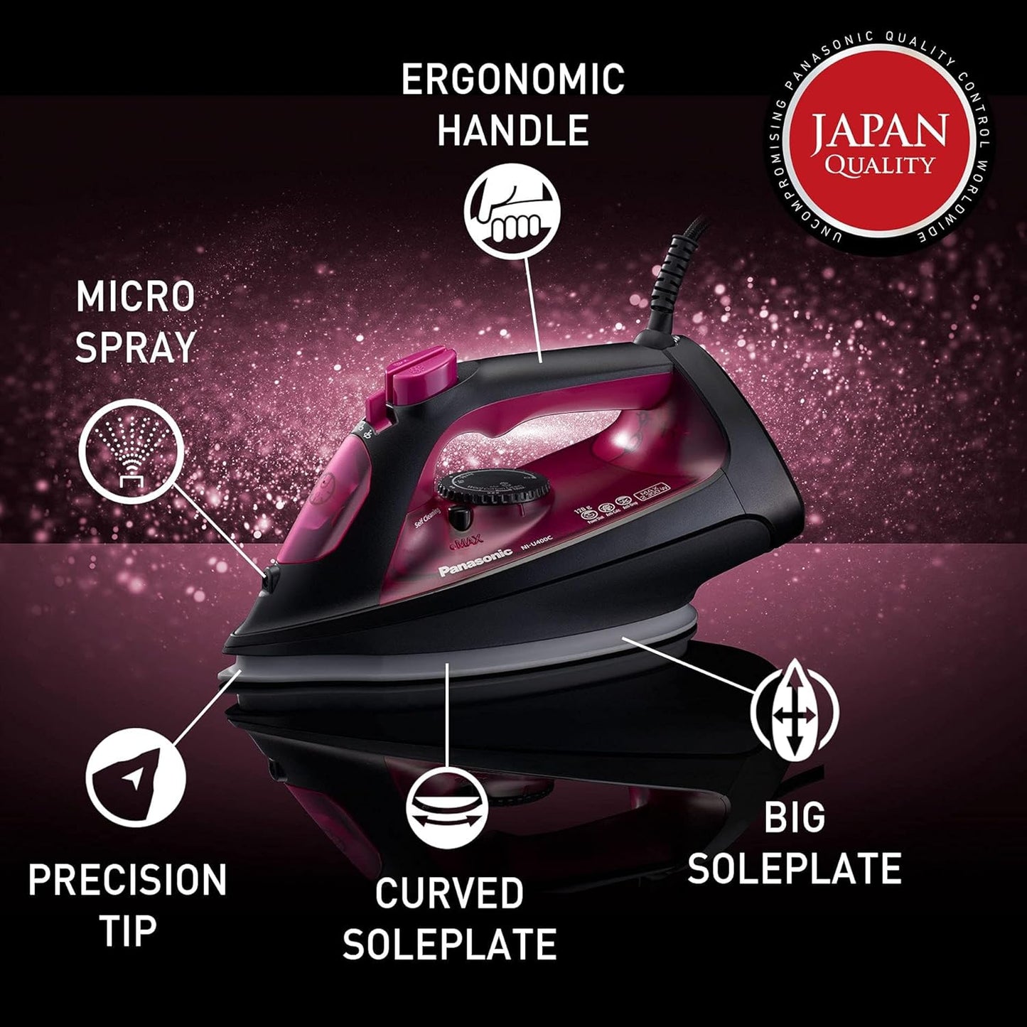 Panasonic Steam Iron, 2300W, Ni-U400, Pink, Big Ceramic Soleplate
