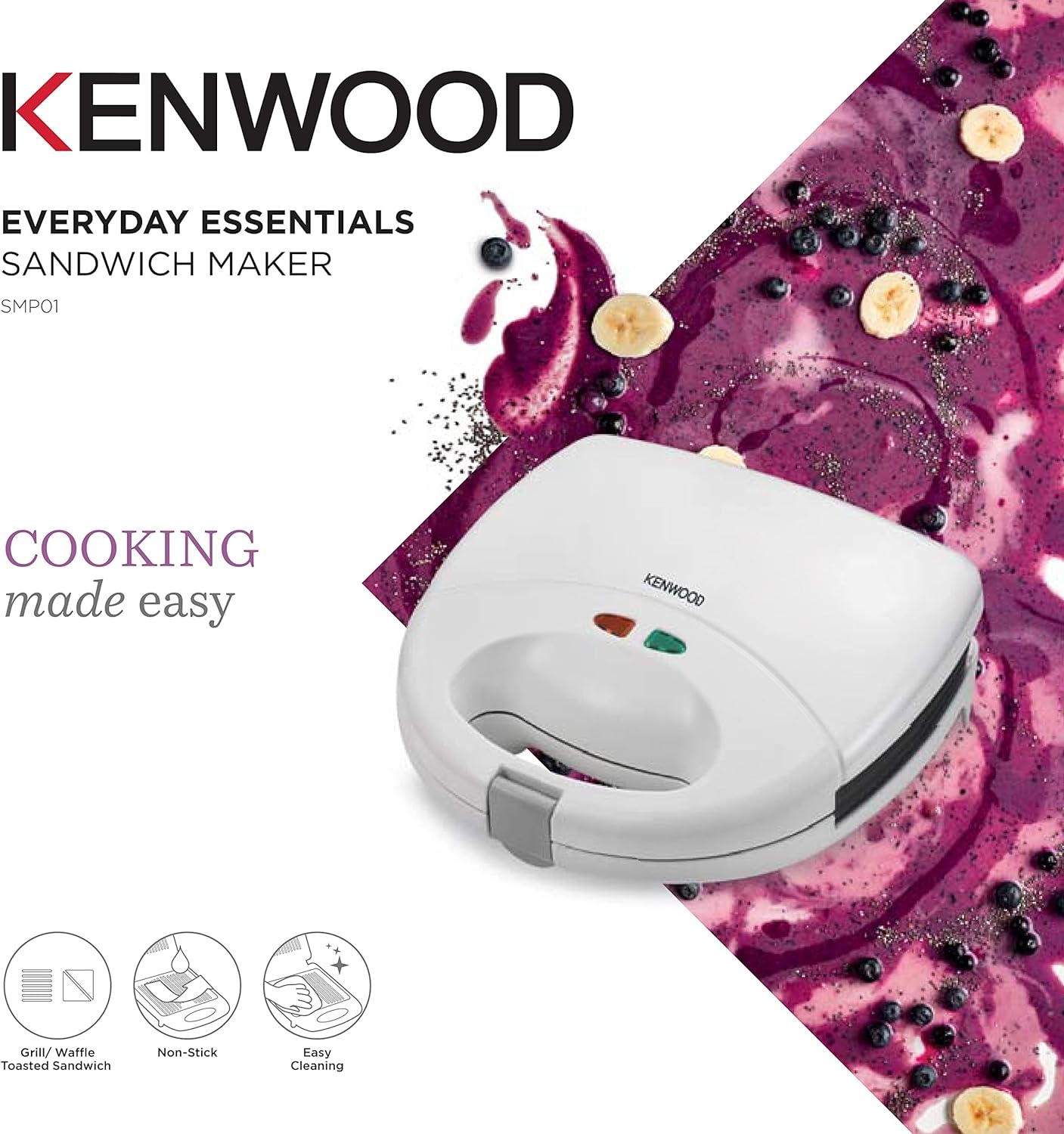 KENWOOD 2-in-1 Sandwich Maker & Grill with 2 Sets of Non Stick Multifunctional Plates for Grilling and Toasted Sandwiches SMP02.000WH White