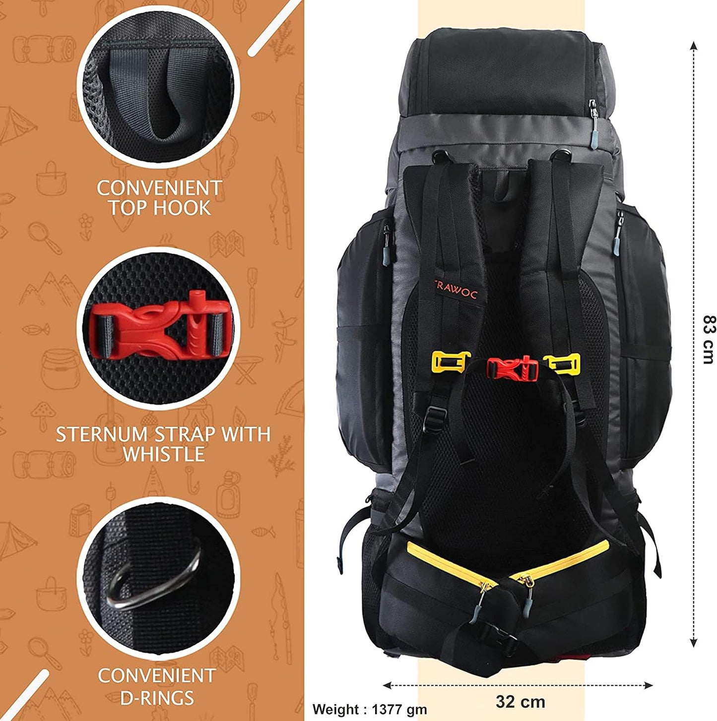 TRAWOC 80L Travel Backpack Camping Hiking Rucksack Trekking Bag with Water Proof Rain Cover/Shoe Compartment, BHK001