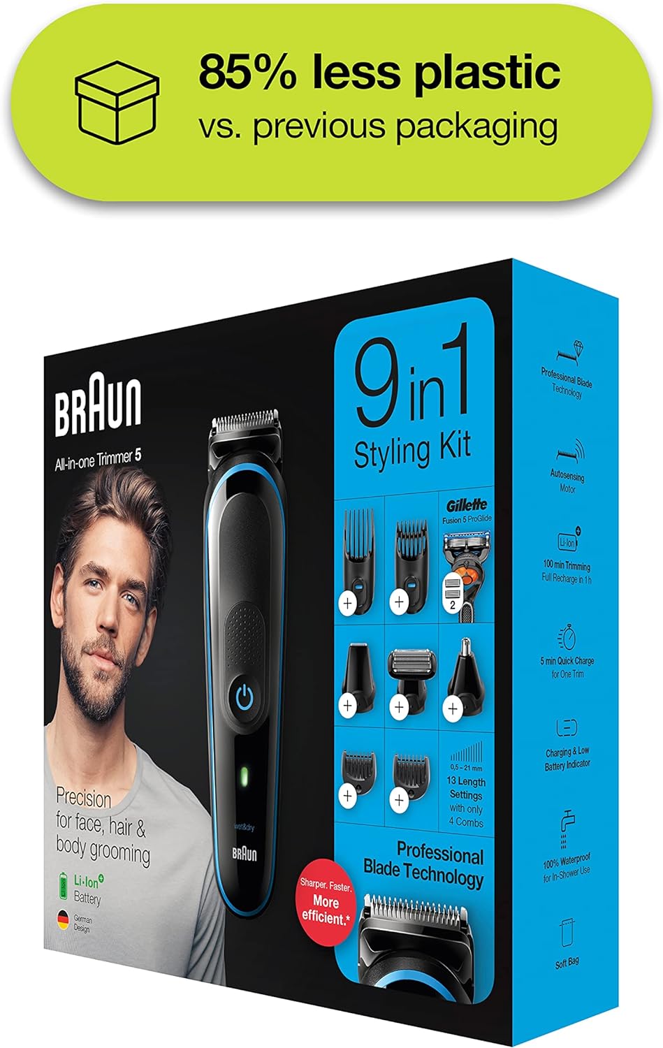 Braun MGK5245 7 in 1 Hair Clipper, Beard and Face Trimmer, Black/Blue