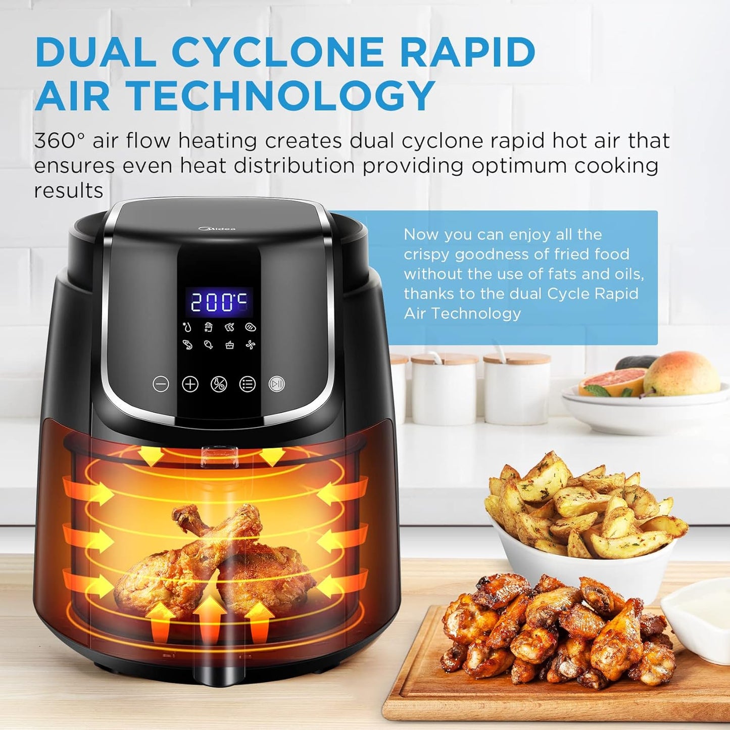 Midea 7.3L Extra Large Digital Air Fryer 1500W with Large See-Through Window, Dual Frying Functions, 8 Functions with Digital Panel, Dual Cyclone Rapid Hot Technology, Largest Oil Less Fryer, MFCY75A2