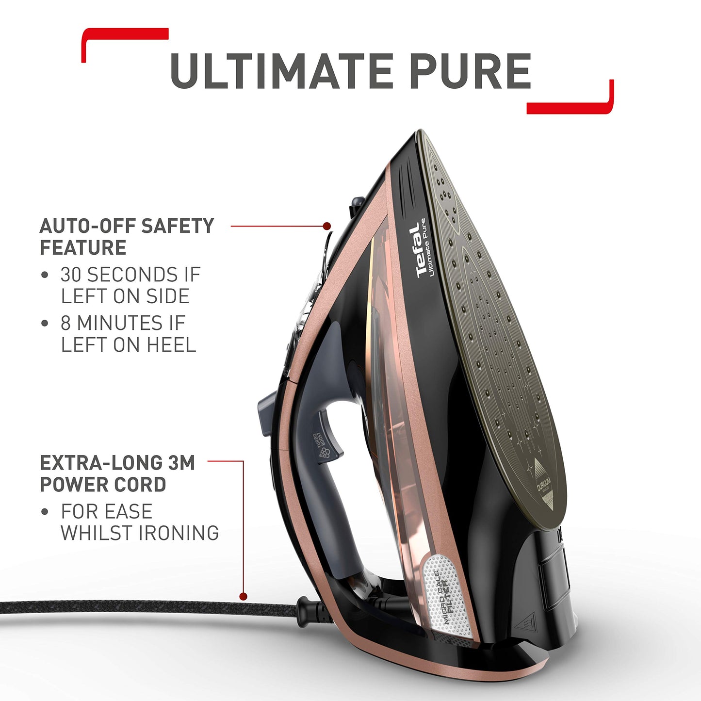 Tefal Ultimate Pure Steam Iron, 260g/min Steam Boost, 350ml Water Tank, 3m Power Cord, 3100W, Black and Rose Gold, FV9845