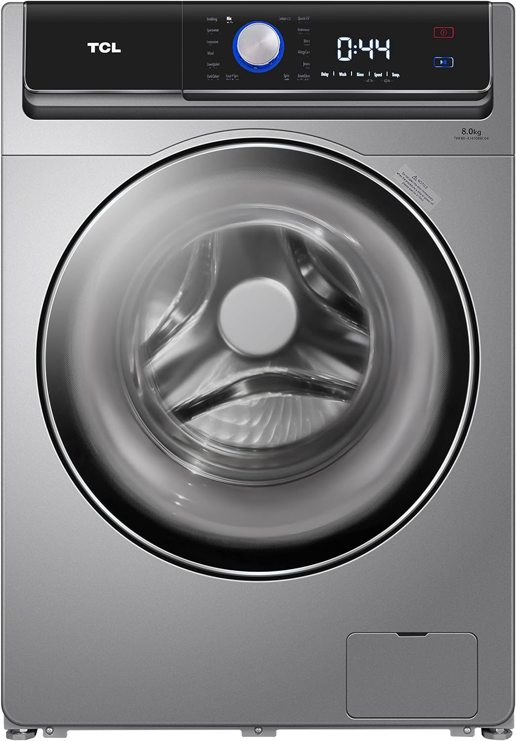 TCL 8kg Front Load Washing Machine, 1400 RPM, BLDC Inverter Motor, 16 Washing Programs, Fully Automatic Washer, Touch Control Panel, Silver, P808FLS
