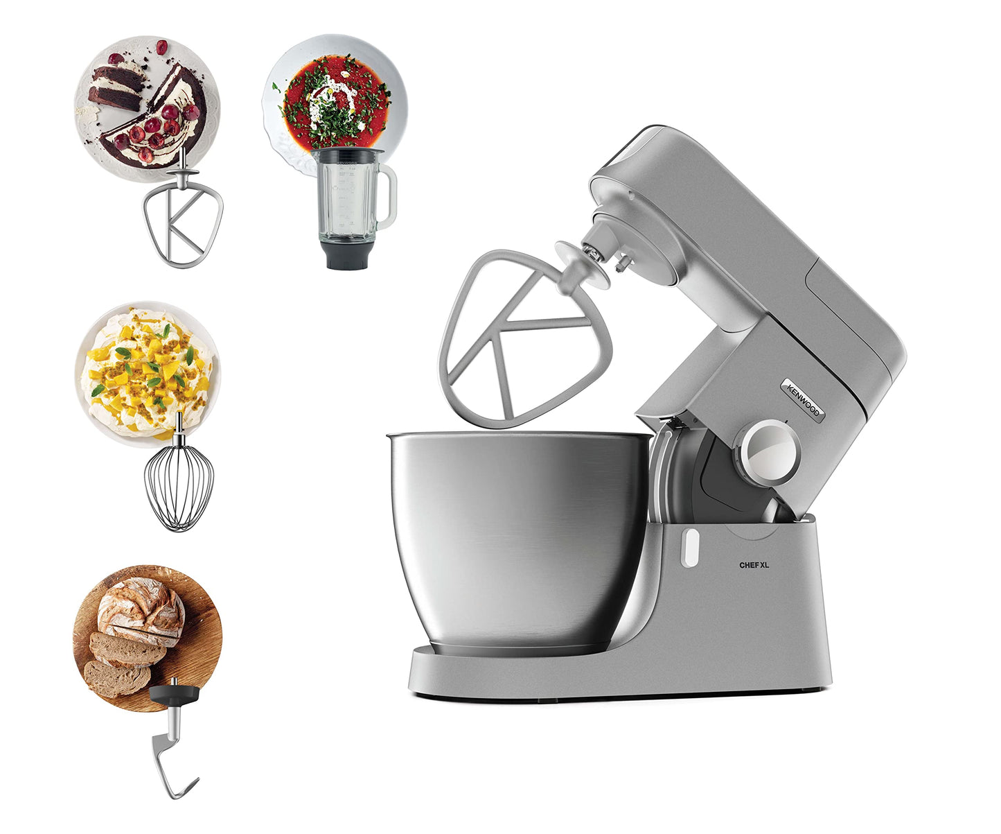 KENWOOD Stand Mixer Kitchen Machine Metal Body CHEF XL 1200W with 6.7L Stainless Steel Bowl, K-Beater, Whisk, Dough Hook, Blender KVL4110S Silver