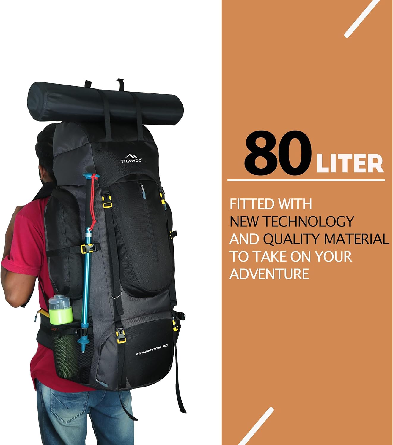 TRAWOC 80L Travel Backpack Camping Hiking Rucksack Trekking Bag with Water Proof Rain Cover/Shoe Compartment, BHK001