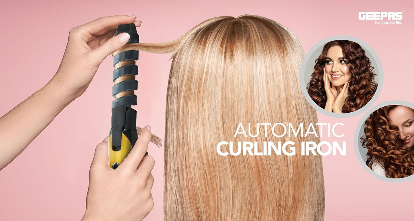 Geepas Curler 25W - Professional Hair Roller Machine With Revolutionary Automatic Curling Technology | Auto Shut Off, 3 Timer Setting, 2 Heat Modes Smart Indicators Years WarrantyGH8656