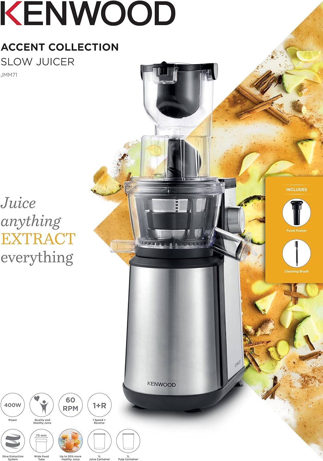 Kenwood Pure Juice Pro Slow Juicer, Metal, Jmm70.000Bk, Silver