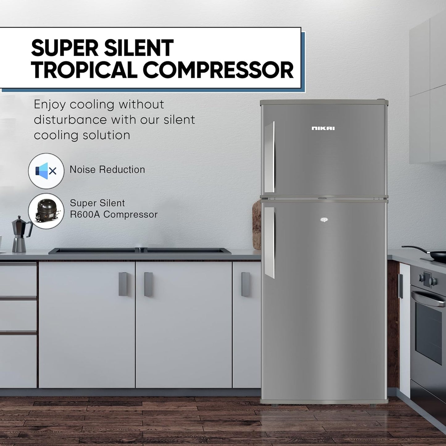 Nikai 170L Gross/112L Net, Double Door Refrigerator with Vegetable Crisper & Adjustable Glass Shelves, Defrosting & Temperature Control, Ideal for Kitchen, Bedroom, Office & Hotels - NRF170DN3M Silver