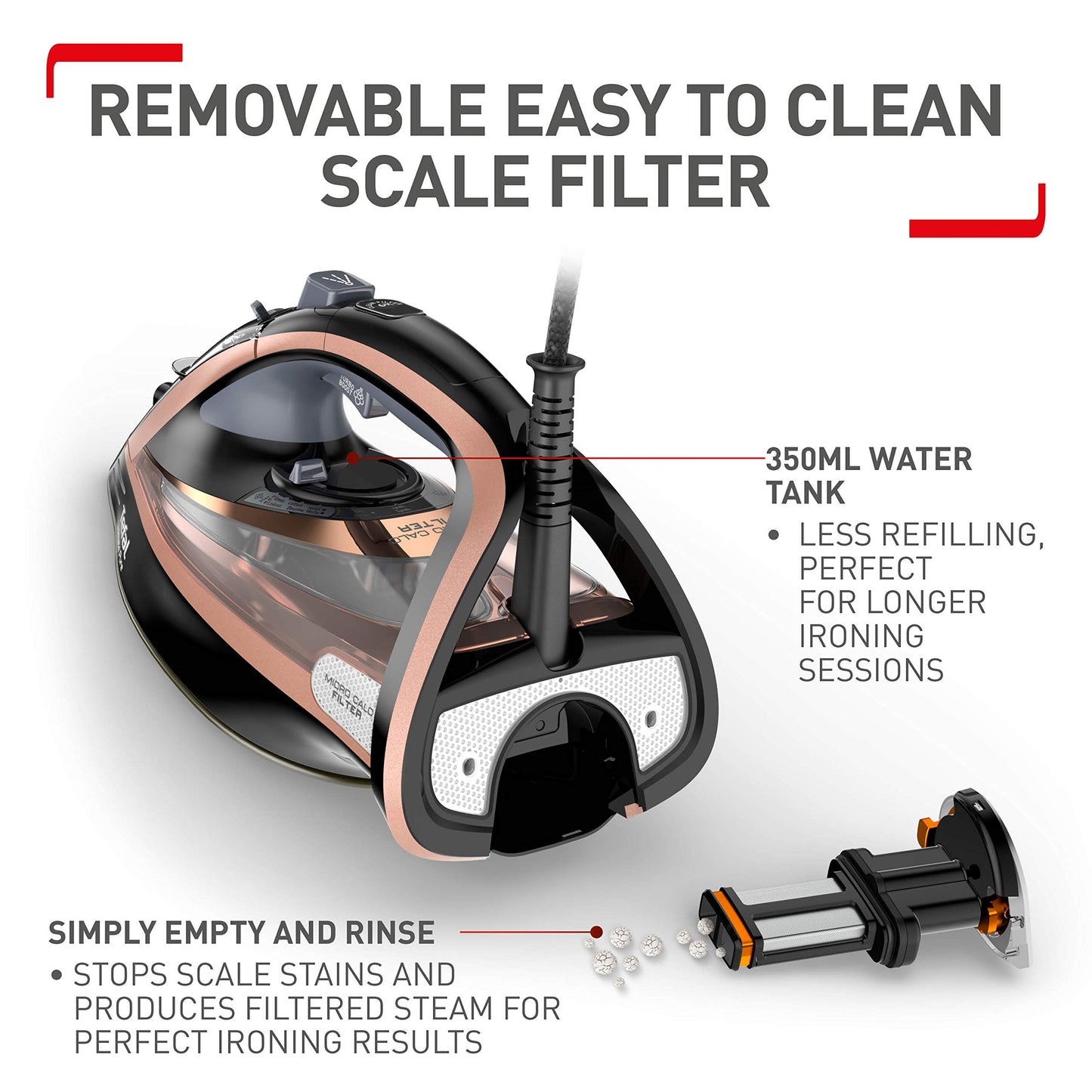 Tefal Ultimate Pure Steam Iron, 260g/min Steam Boost, 350ml Water Tank, 3m Power Cord, 3100W, Black and Rose Gold, FV9845