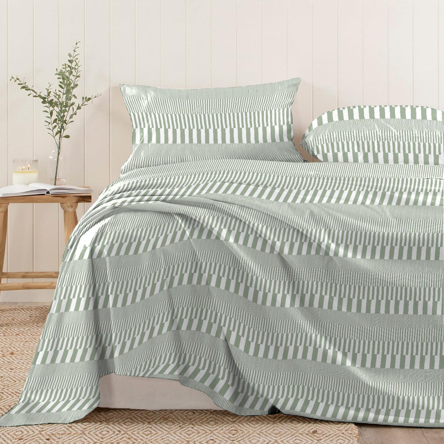 Pizuna Pure 100% Cotton Flat Sheets Only King Grey Cascade Stripe (1 PC), Luxurious 400 Thread Count Long Staple Cotton Sateen with 4" Hem (Combed King Flat Sheet Only Cotton)