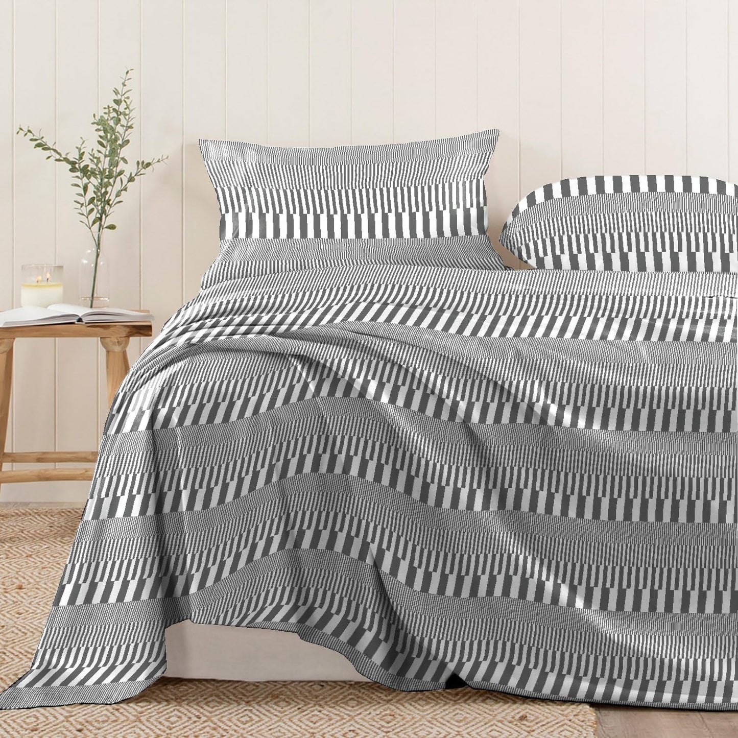 Pizuna Pure 100% Cotton Flat Sheets Only King Grey Cascade Stripe (1 PC), Luxurious 400 Thread Count Long Staple Cotton Sateen with 4" Hem (Combed King Flat Sheet Only Cotton)