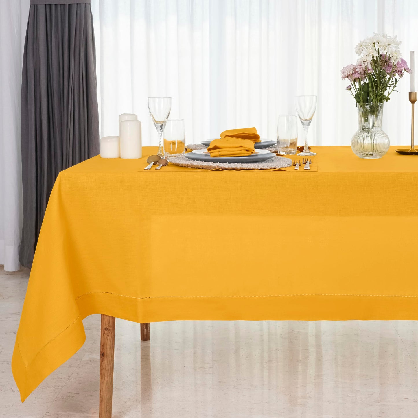 D'Moksha Homes Linen Tablecloth 60 x 144 Inch - 100% Pure Linen Classic Hemstitch Light Natural Tablecloth - Machine Washable Dining Tablecloth for Rectangle Tables for Easter