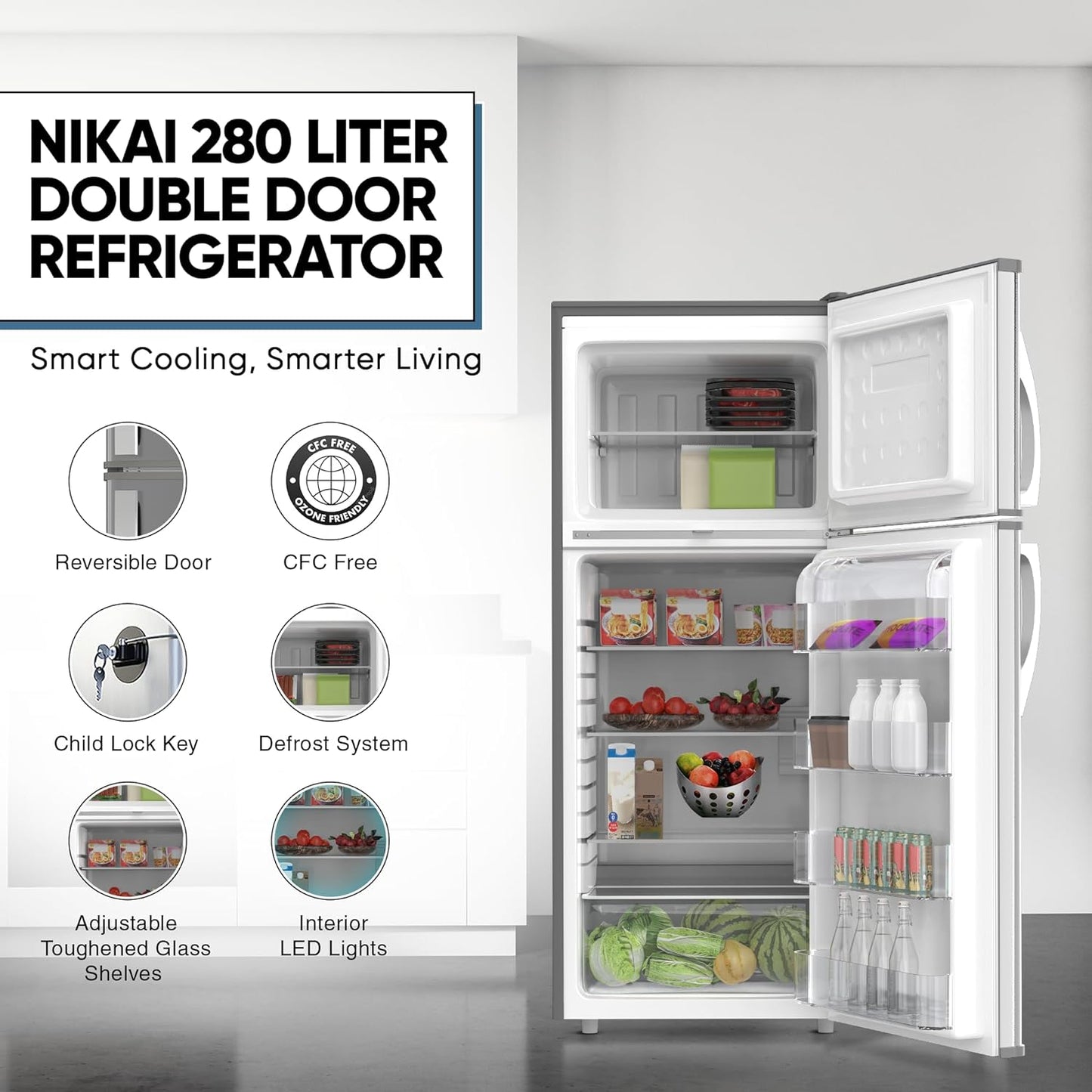 Nikai 170L Gross/112L Net, Double Door Refrigerator with Vegetable Crisper & Adjustable Glass Shelves, Defrosting & Temperature Control, Ideal for Kitchen, Bedroom, Office & Hotels - NRF170DN3M Silver