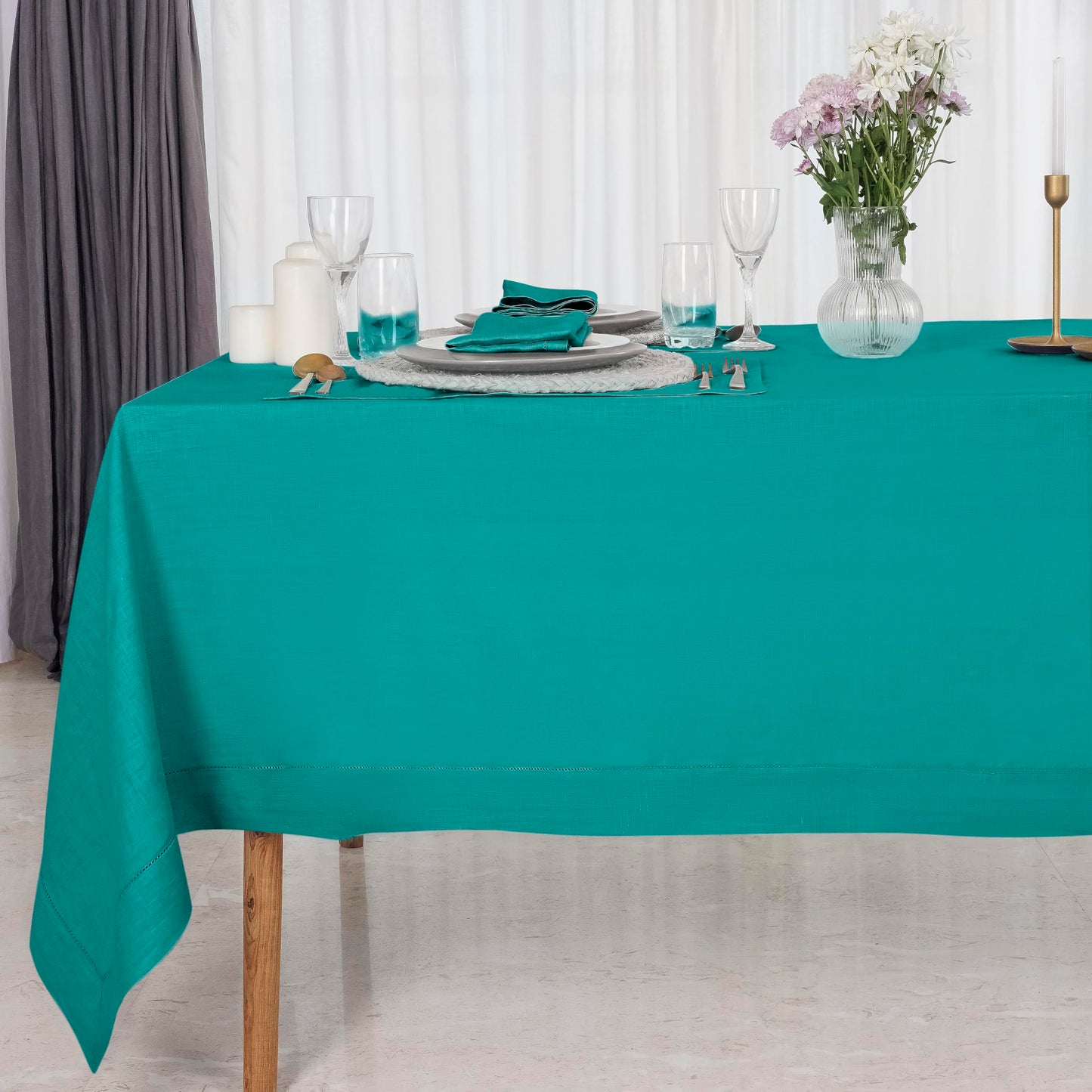 D'Moksha Homes Linen Tablecloth 60 x 144 Inch - 100% Pure Linen Classic Hemstitch Light Natural Tablecloth - Machine Washable Dining Tablecloth for Rectangle Tables for Easter