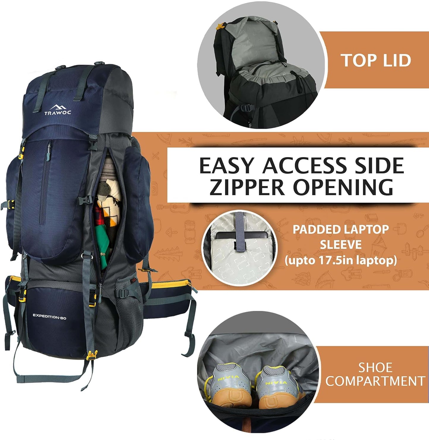 TRAWOC 80L Travel Backpack Camping Hiking Rucksack Trekking Bag with Water Proof Rain Cover/Shoe Compartment, BHK001