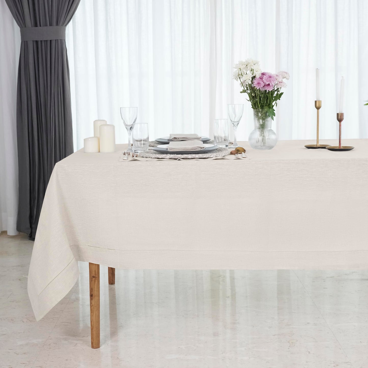 D'Moksha Homes Linen Tablecloth 60 x 144 Inch - 100% Pure Linen Classic Hemstitch Light Natural Tablecloth - Machine Washable Dining Tablecloth for Rectangle Tables for Easter