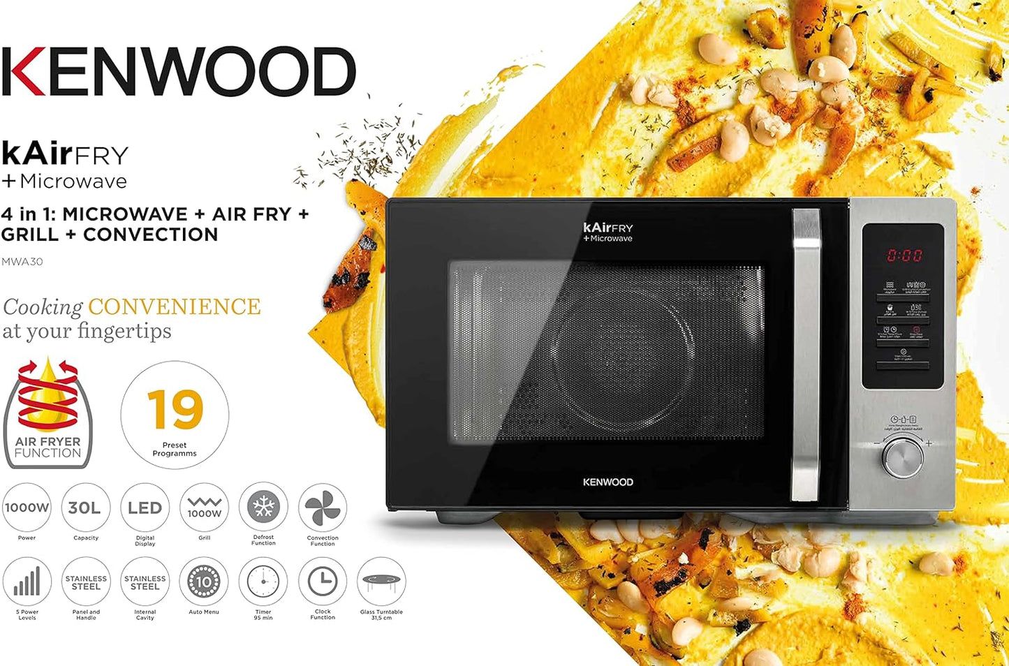 KENWOOD 30L Microwave Oven with Grill, Convection, Digital Display, 5 Power Levels, Defrost Function, Stainless Steel, Auto Menu, 95 Minutes Timer, Clock Function 900W MWM31.000BK Black/Silver