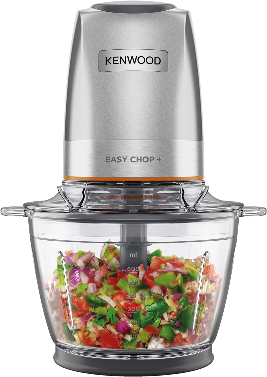KENWOOD Stainless Steel Chopper 500W Electric Food Chopper with 1.2L SS Bowl (600ml working capacity), Dripper Pro, Quad Blade, Storage Lid, Dual Speed, Spatula, Ice Crush Function CHP62.700SI Silver