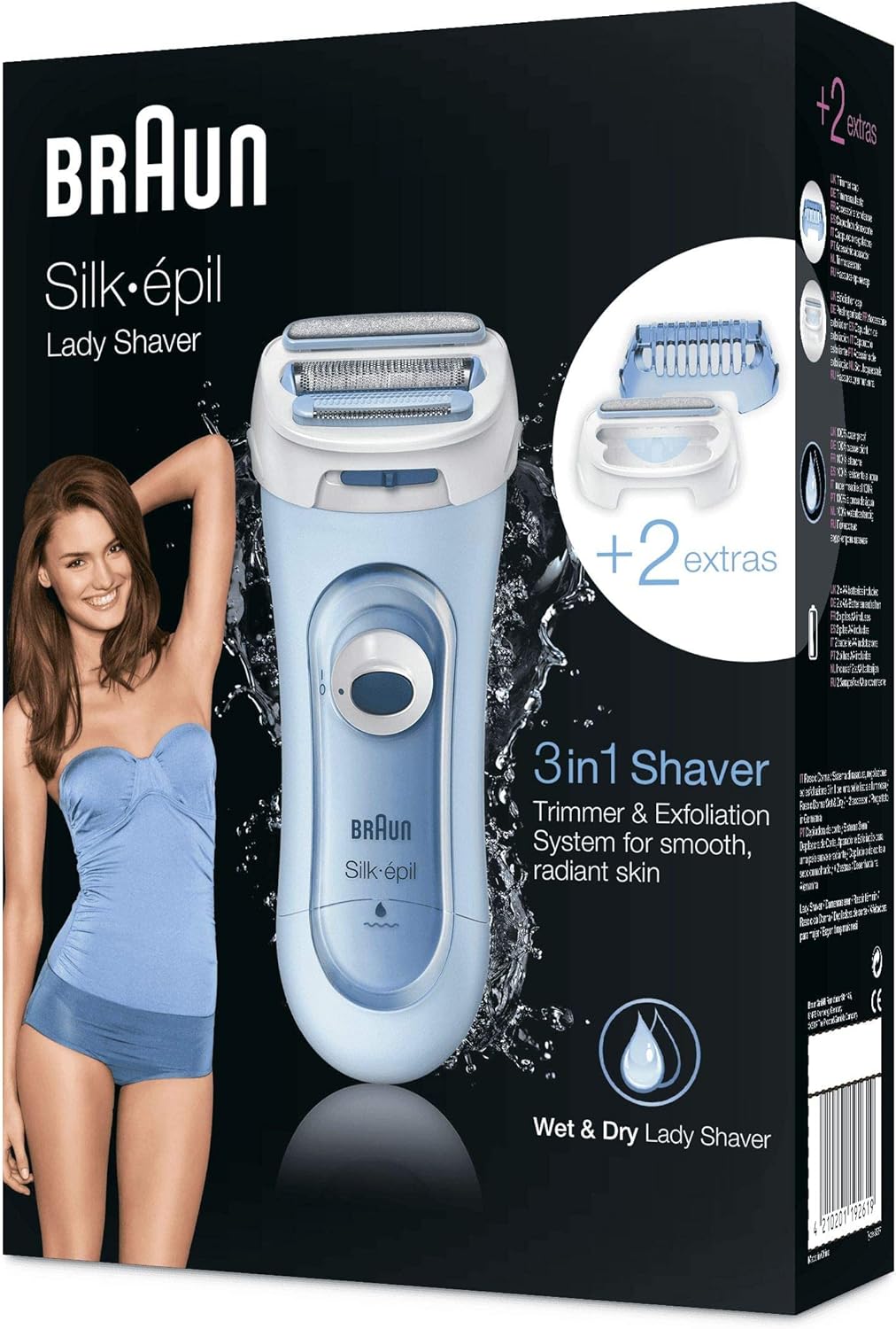 Braun Silk-épil Lady Shaver 5-160, 3-in-1 Wet and Dry Electric Shaver, Trimmer and Exfoliation System with 2 Extras, Blue
