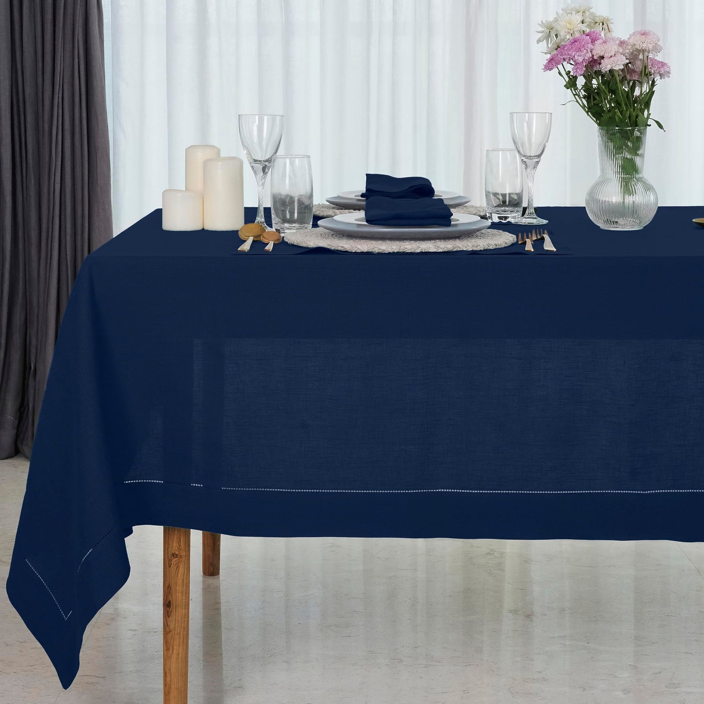 D'Moksha Homes Linen Tablecloth 60 x 144 Inch - 100% Pure Linen Classic Hemstitch Light Natural Tablecloth - Machine Washable Dining Tablecloth for Rectangle Tables for Easter