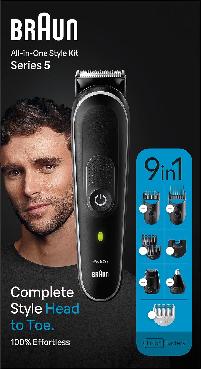 Braun MGK5245 7 in 1 Hair Clipper, Beard and Face Trimmer, Black/Blue