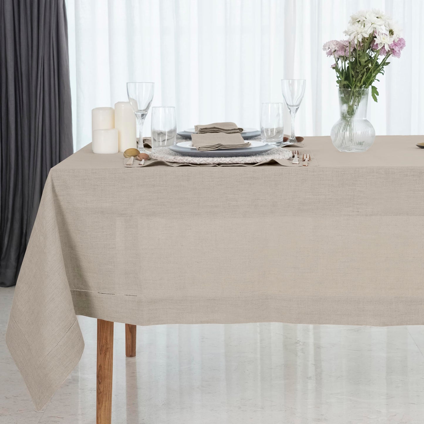 D'Moksha Homes Linen Tablecloth 60 x 144 Inch - 100% Pure Linen Classic Hemstitch Light Natural Tablecloth - Machine Washable Dining Tablecloth for Rectangle Tables for Easter